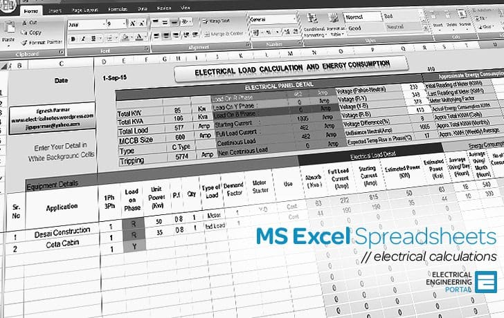 Electrical MS Excel Spreadsheets