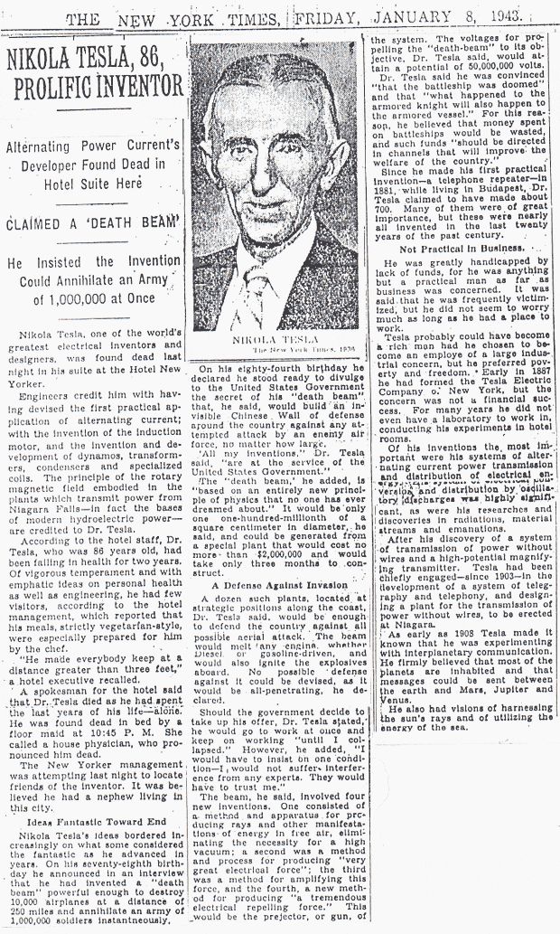 Tesla's death, New York Times 1943 Tesla's death, New York Times 1943