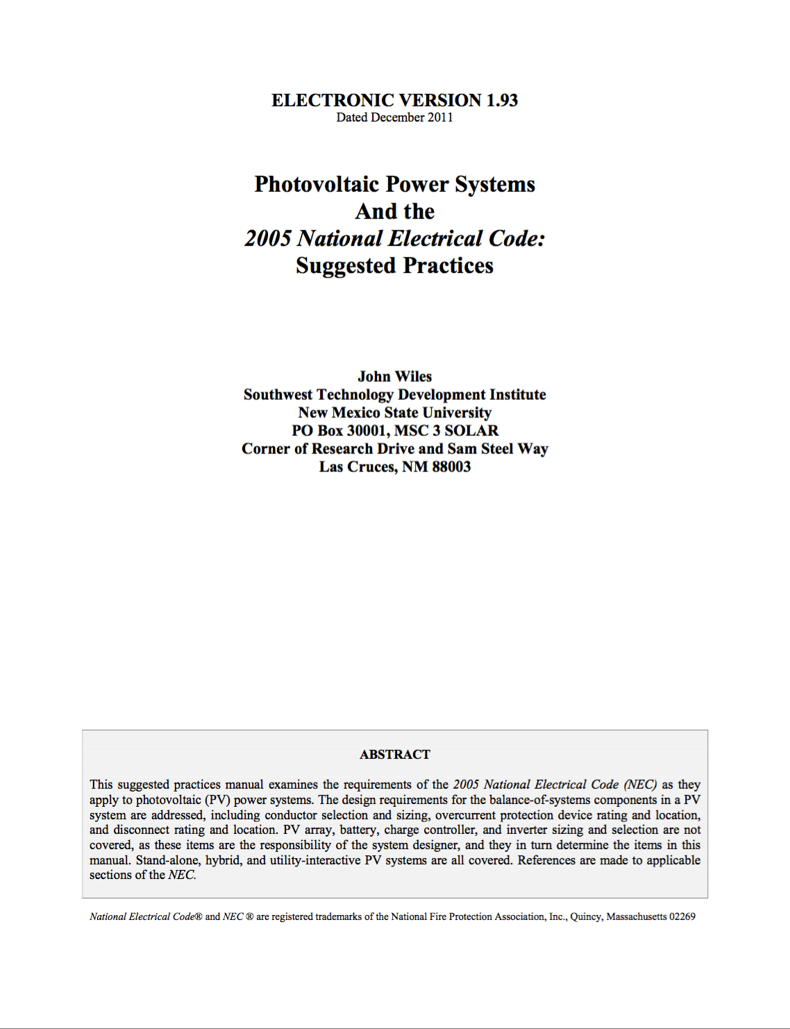 Photovoltaic power systems and NEC 2005 suggested practices By John Wiles (Southwest Technology Development Institute)