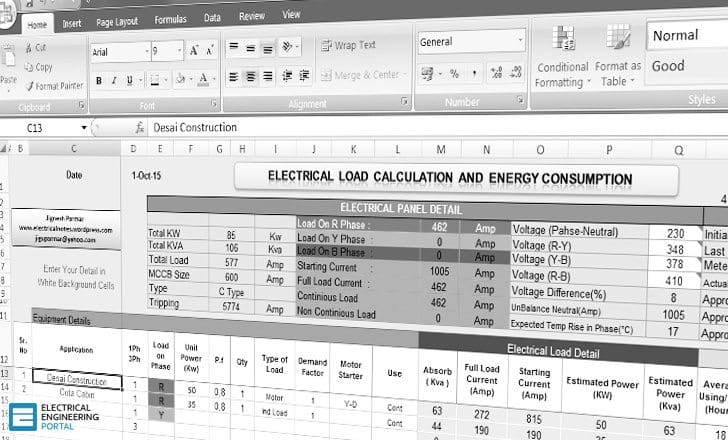 Calculation of Electrical Load and Panel Energy Consumption