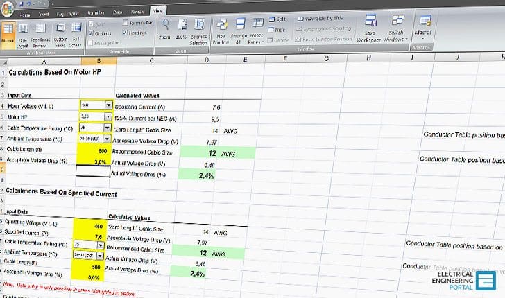 Cable size calculation formula excel