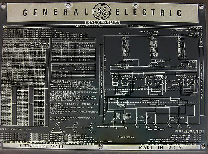 General Electric power transformer nameplate (50 MVA Substation Power Transformer with Load Tap Changer)