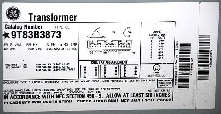 GE Transformer delta-star nameplate