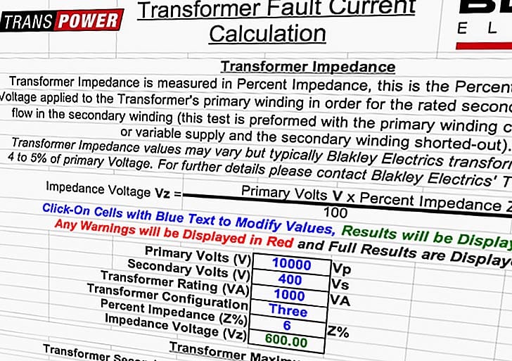 short circuit calculations excel