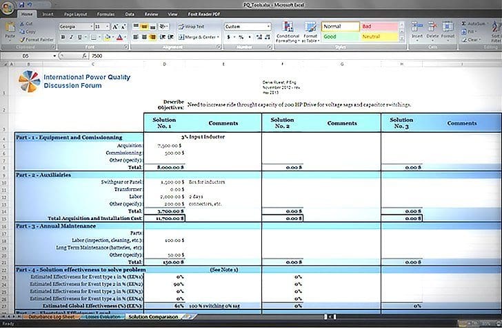 Power Quality Solution Selection Spreadsheet