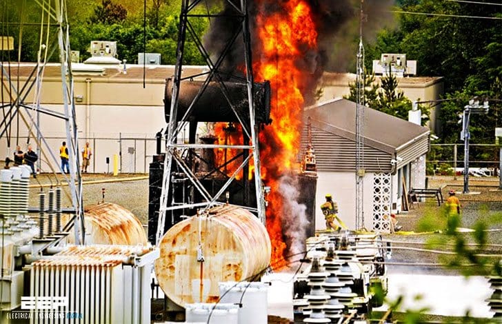 Arriving at the scene of a power substation fire. What should you do? (on photo: Sammamish Substation fire - The burning mineral oil inside the high voltage transformer; via Puget Sound Energy/Flickr)