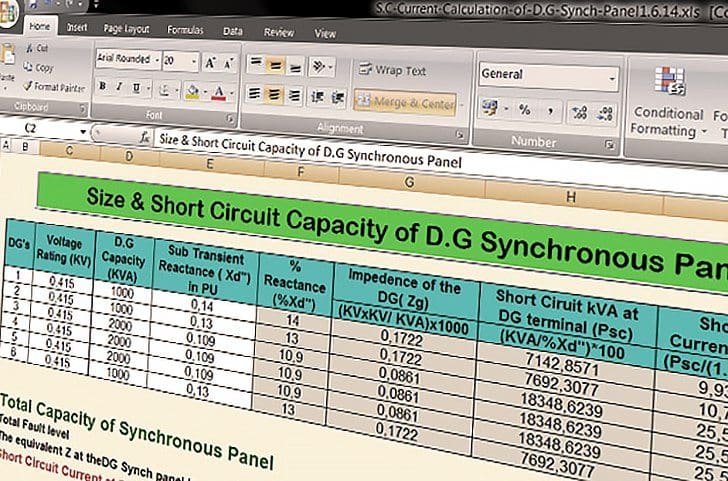 Spreadsheet to Calculate Short Circuit Capacity of Diesel Generator Synchronizing Panel