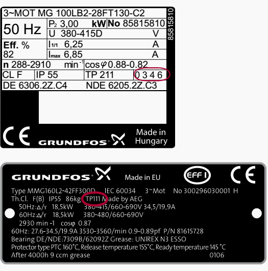 Top nameplate: TP 211 in a MG 3.0 kW motor equipped with PTC; Bottom nameplate: TP 111 in a Grundfos MMG 18.5 kW motor equipped with PTC.