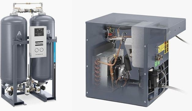 Left: Desiccant compressed air dryer; Right: Refrigerated compressed air dryer