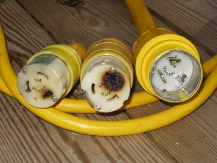 Burned shore cord receptacles