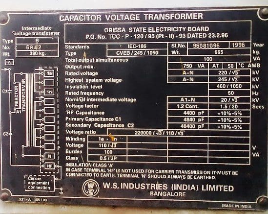 Capacitor voltage transformer (CVT) nameplate