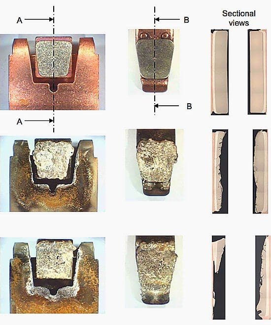 Contacts of circuit breaker at various stages of the life span