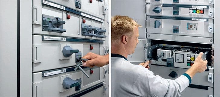 Left: Simple and safe operation of the withdrawable units behind closed doors; Right: The mechanical coding of the withdrawable unit prevents any confusion of withdrawable units of the same size.