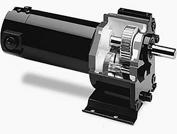 Speed reduction gearing is visible in this cutaway view of a parallel-shaft gearmotor. Shown is a small, sub-fractional horsepower gearmotor