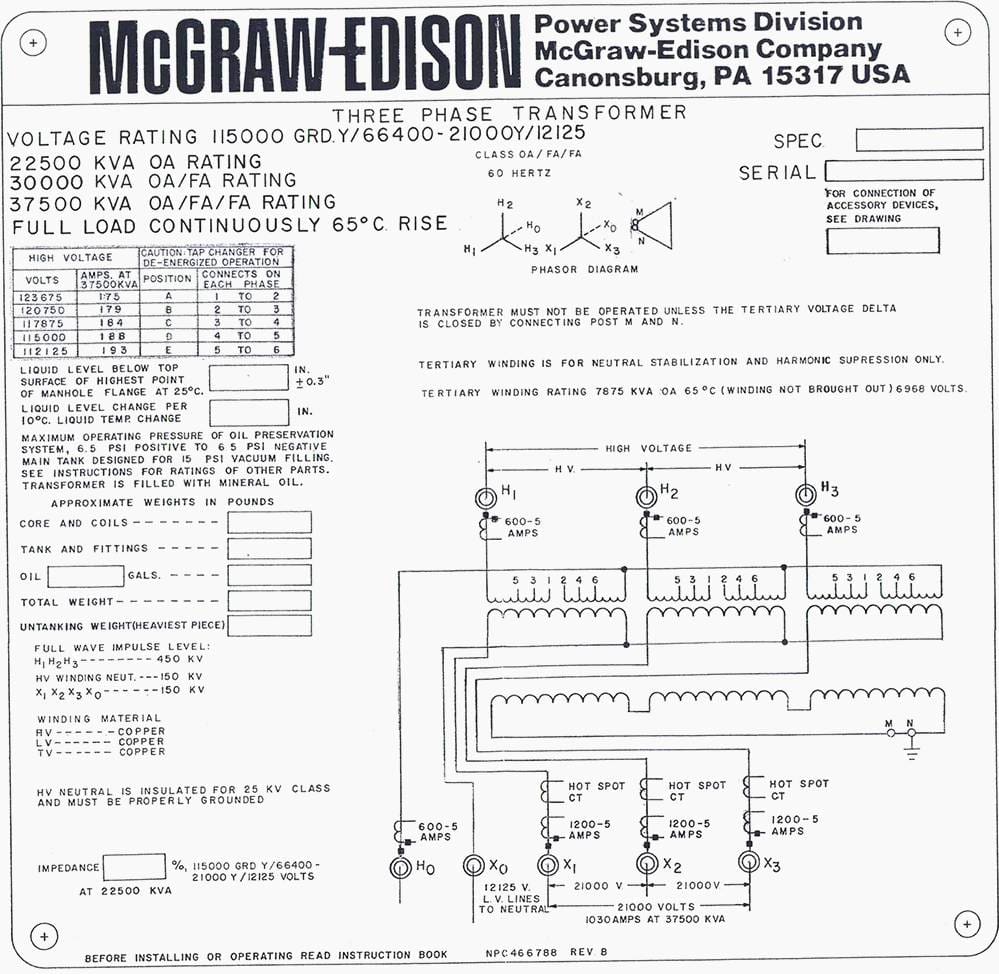 McGraw-Edison oil distribution transformer nameplate