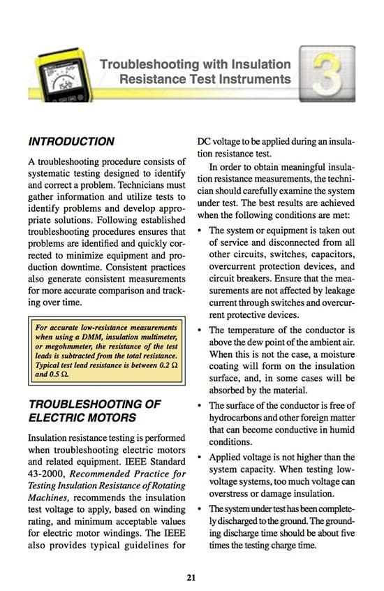 Troubleshooting electrical devices with insulation resistance test instrument