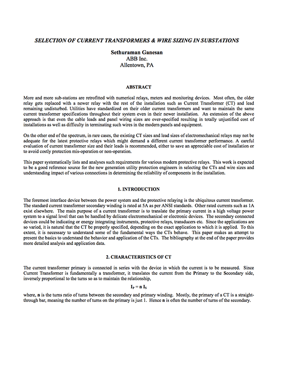 Selection of current transformers and wire sizing in substations - Sethuraman Ganesan; ABB Inc.