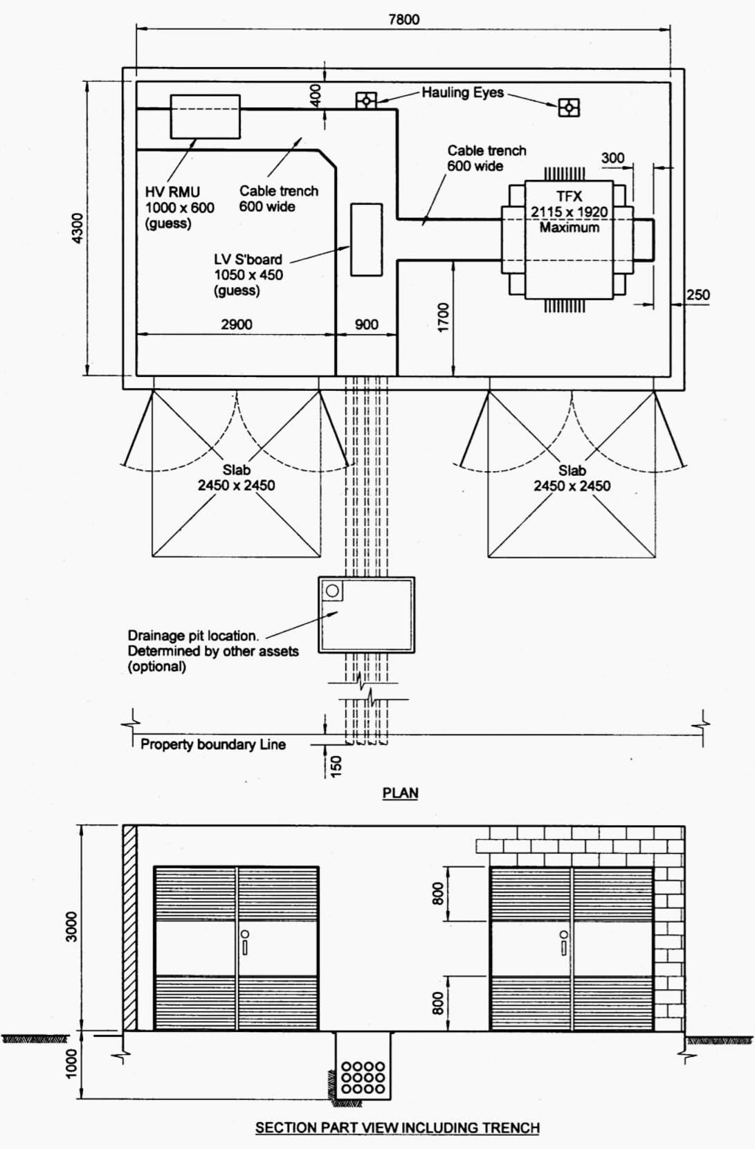 Indoor distribution substation layout with 1 transformer and EMF containment