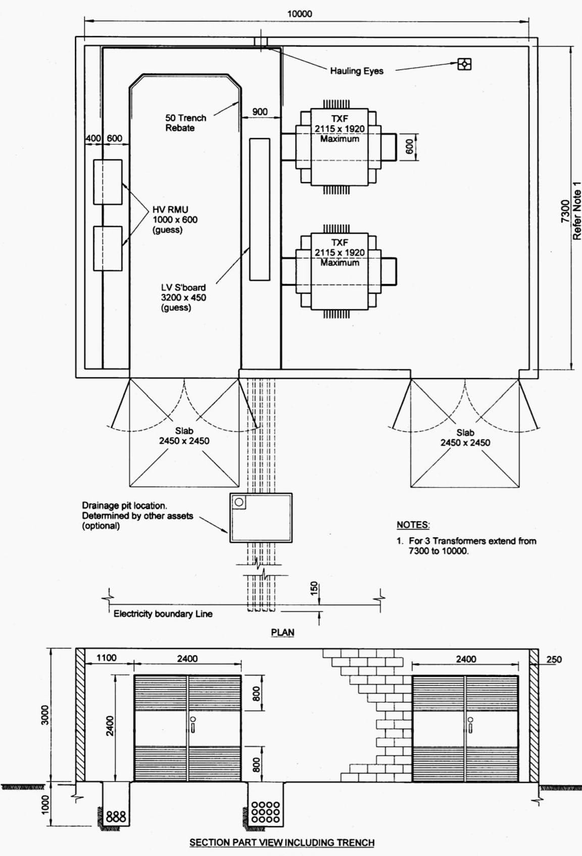 Indoor distribution substation layout with 2 transformers EMF containment and 1 external wall