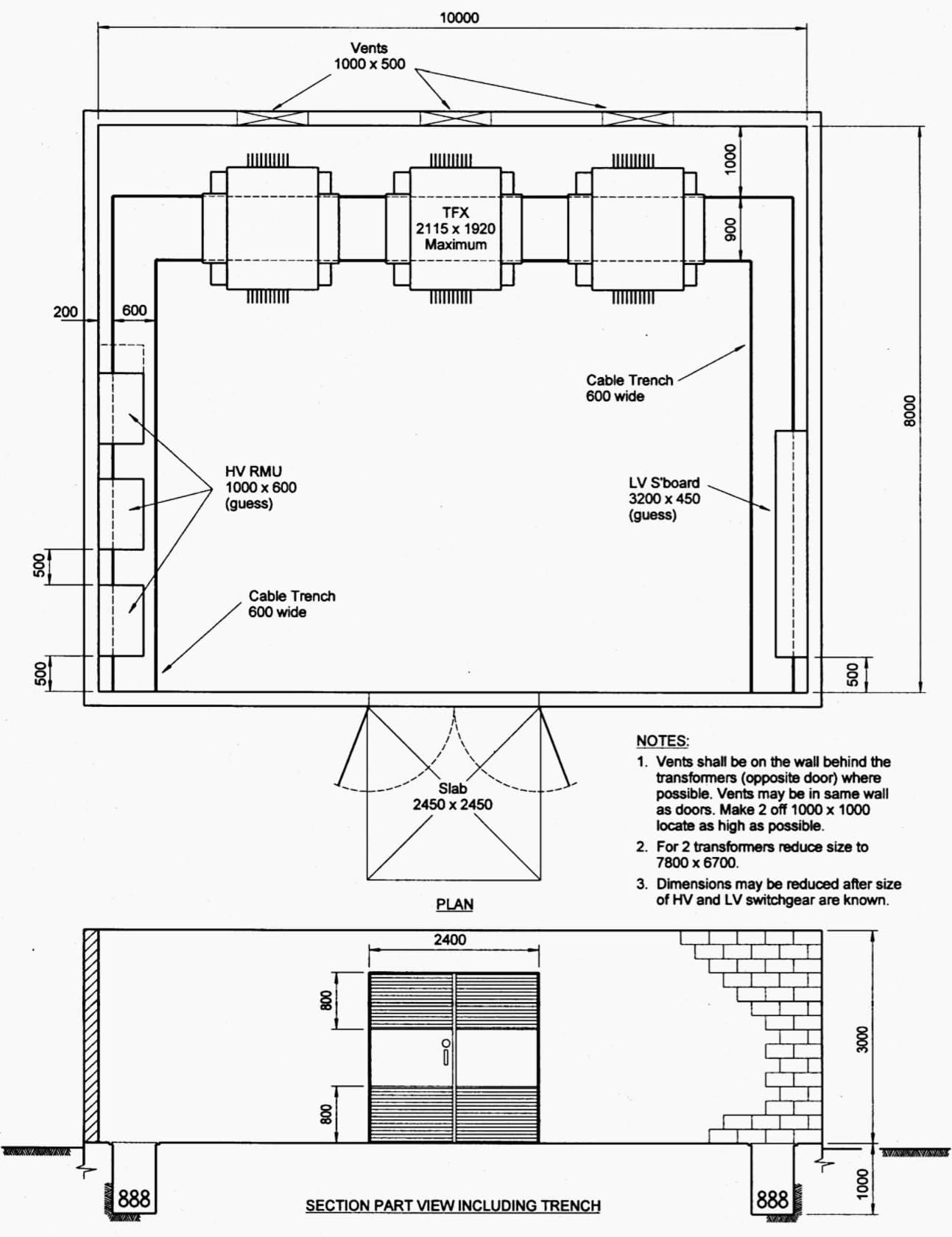 Indoor distribution substation layout with 3 transformers and LV/HV switchgears