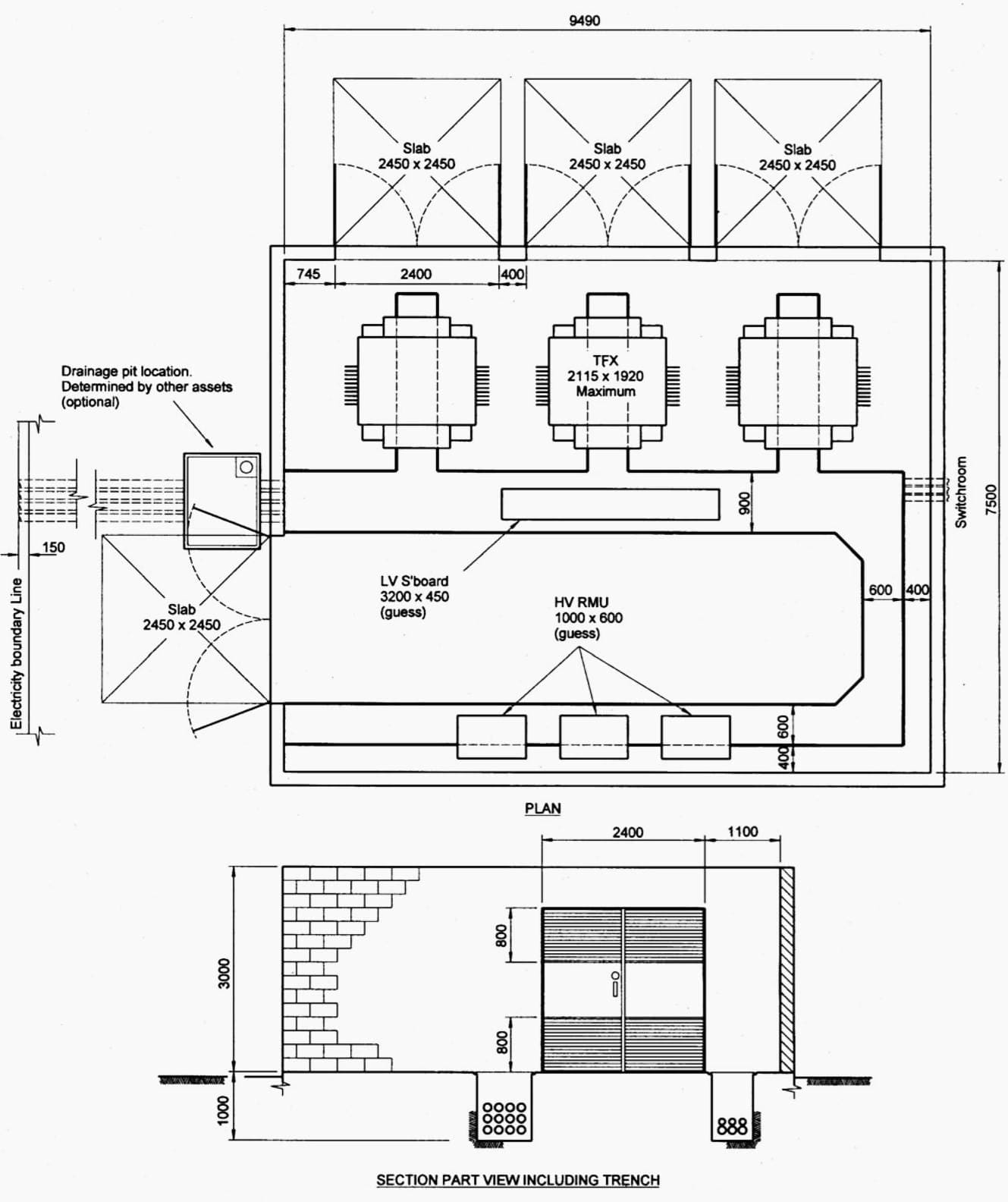 Indoor distribution substation layout with 3 transformers, EMF containment and more than 1 external wall