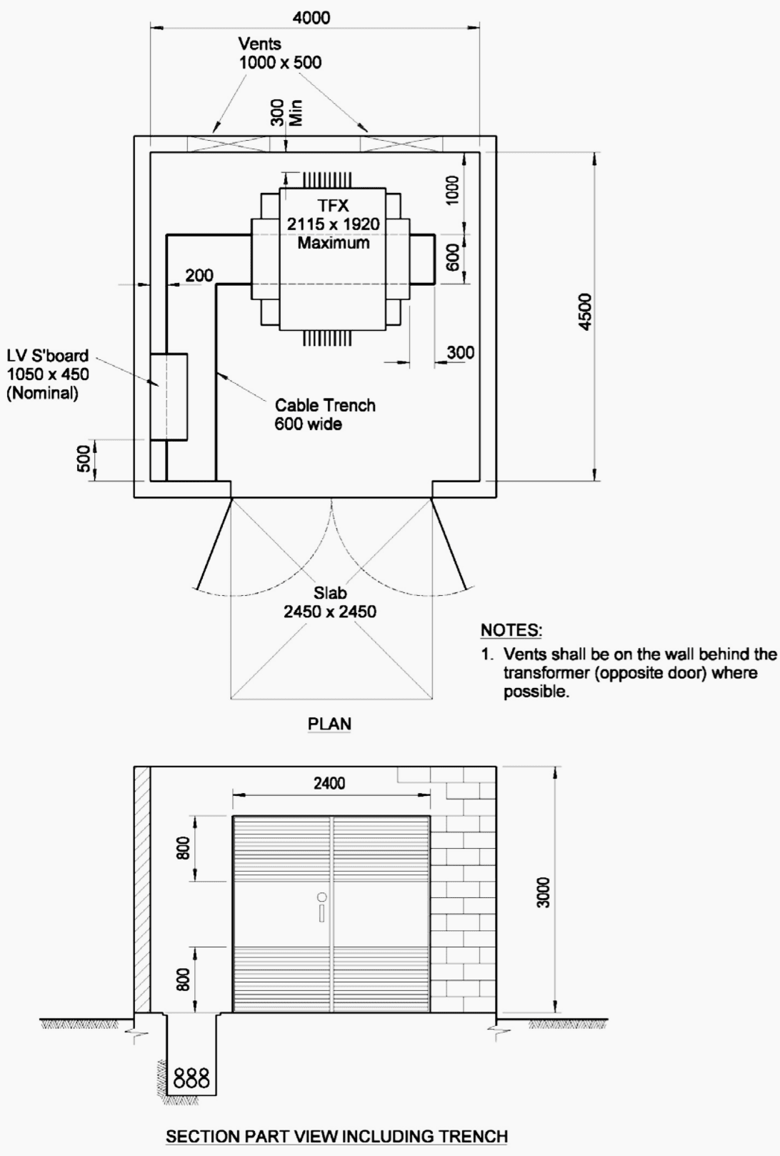 Indoor distribution substation layout with 1 transformer and LV switchgear