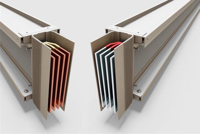 Busbar trunking system made of copper (left) and aluminium (right)