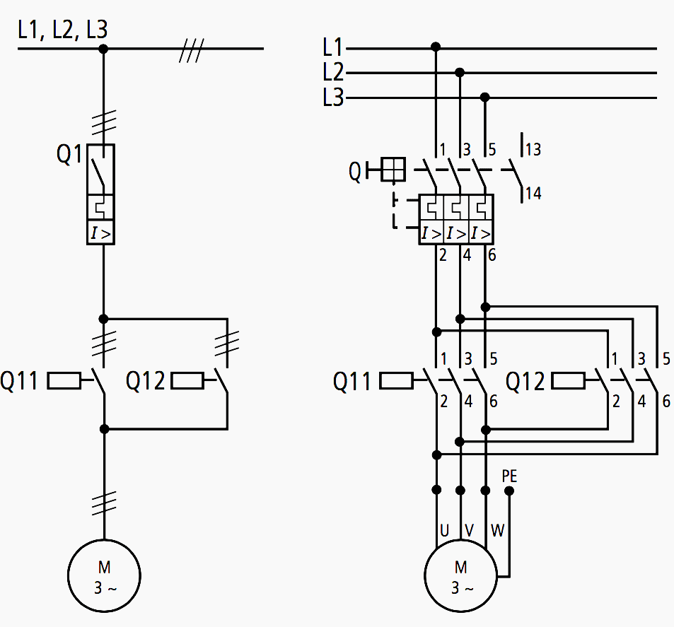 Motor circuit diagram: 1-pole and 3-pole representation