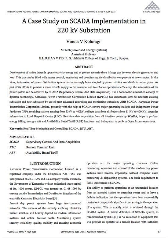 A case study on SCADA implementation in 220 kV substation – Vinuta V Koluragi1, M.Tech(Power and Energy Systems) Assisstant Professor