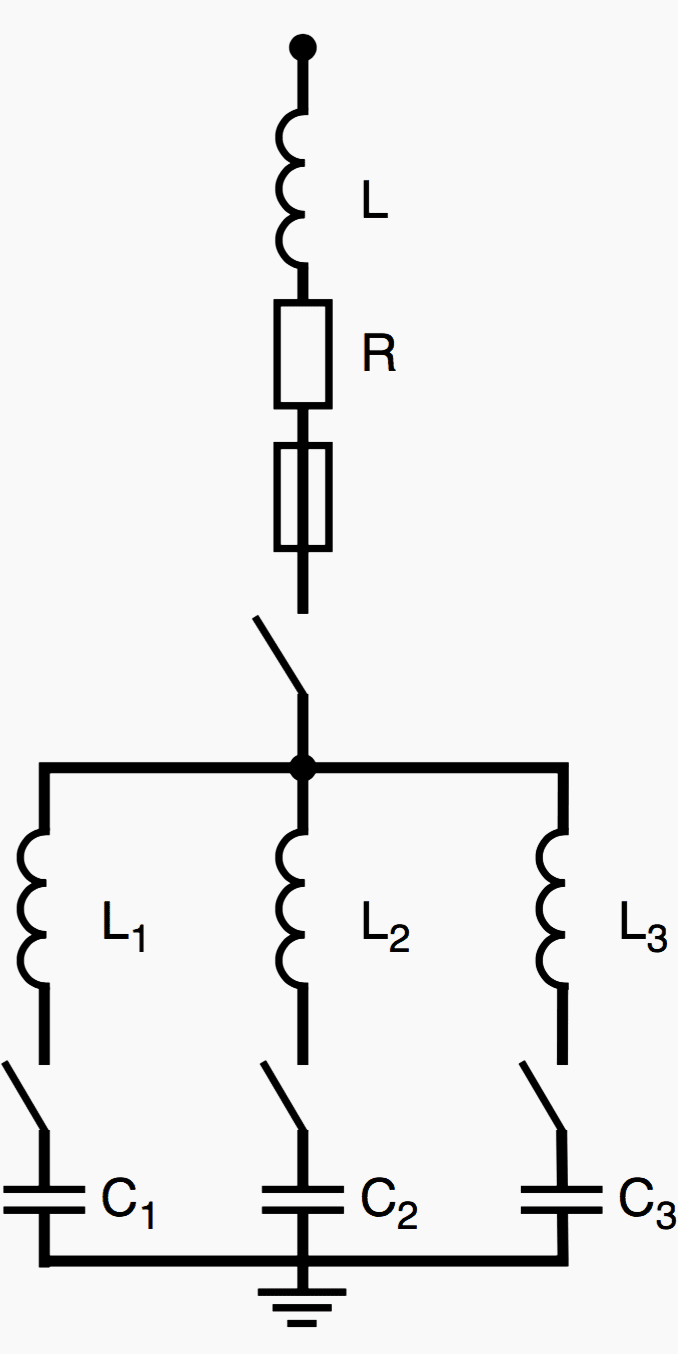 Diagram of a bank with three capacitor steps protected by a single fuse