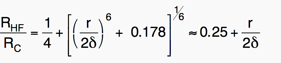 The ratio between RHF and RC is given for a cylindrical conductor with a radius r