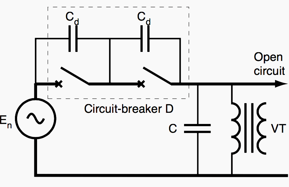 Ferroresonance of a voltage transformer connected in series with an open circuit breaker