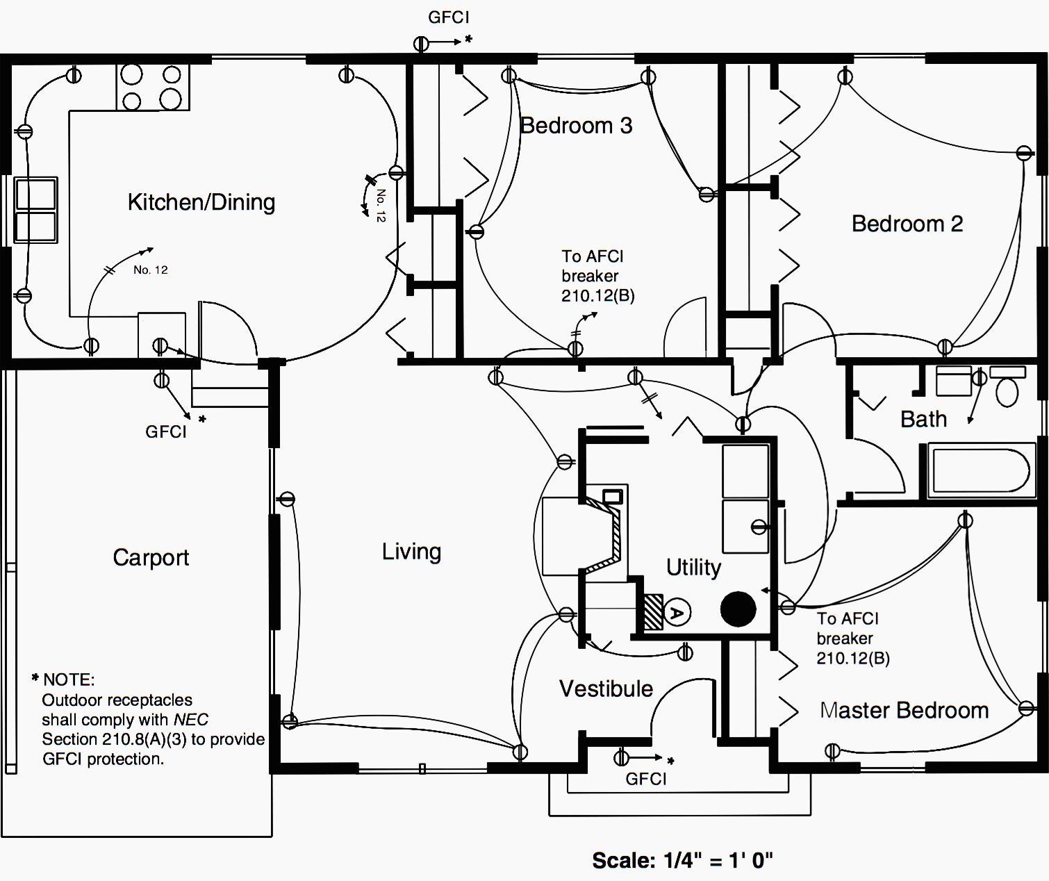 Floor plan of a residence showing the duplex receptacle layout