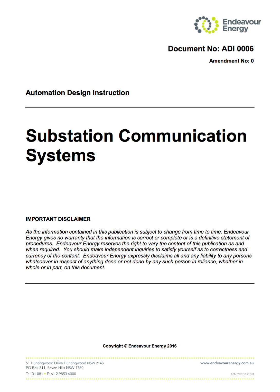 Substation communication systems - Automation design instructions - Endeavour Energy