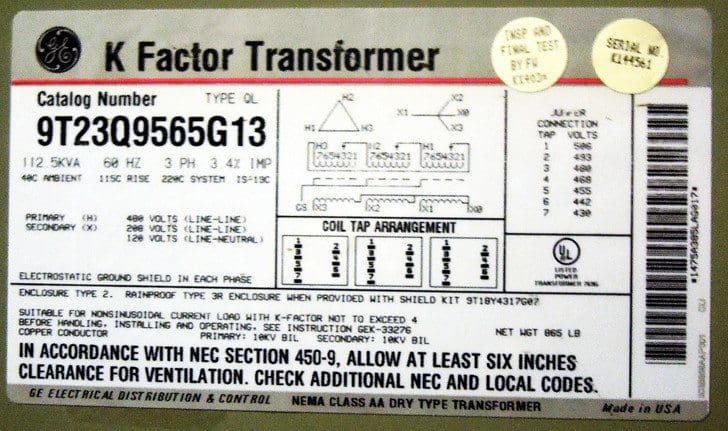 K-rated transformer nameplate