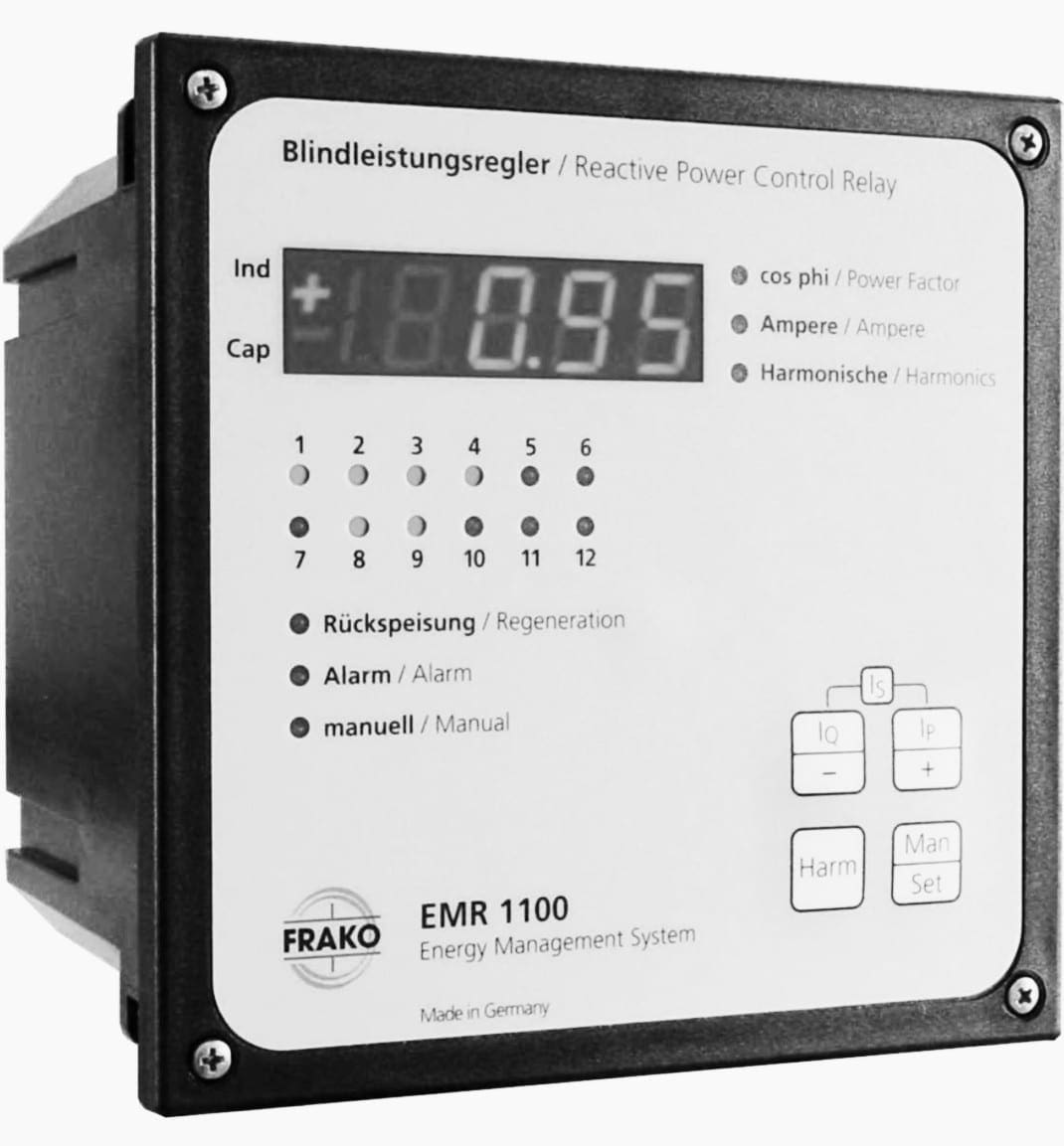 Reactive power control relay: 400 V/230 V, 50 Hz; 12 control outputs; suitable for four-quadrant-operation