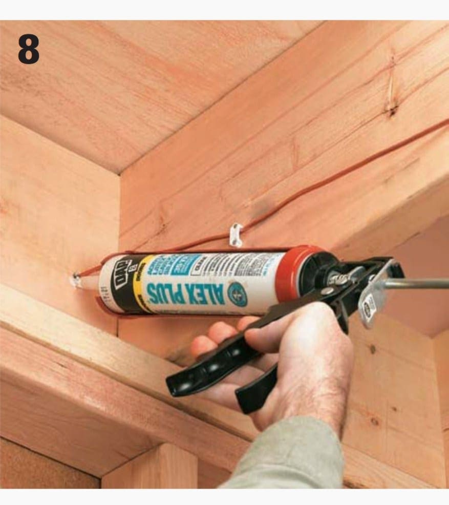 Inject caulk into the hole in the rim joist on both the interior and exterior side