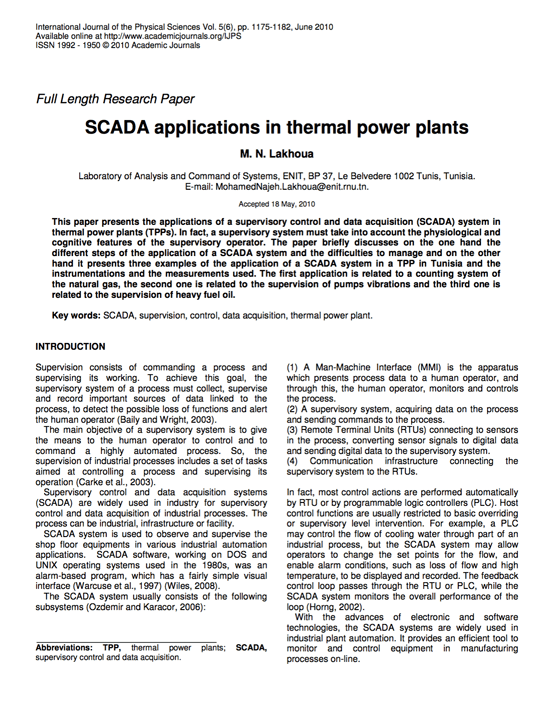 SCADA applications in thermal power plants – M. N. Lakhoua