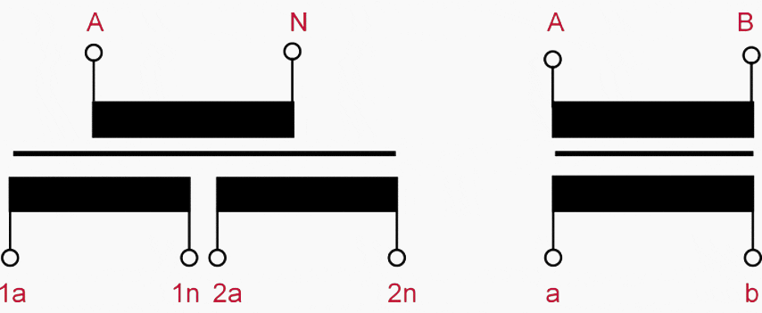 Representation of a single-pole (on the left) voltage transformer with two secondary cores and a double-pole (on the right) with one secondary core