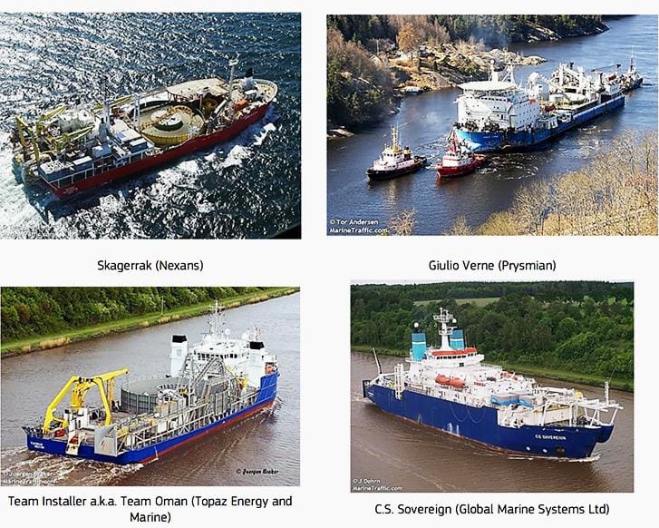 Specialized vessels for cable laying at sea; owner mentioned in brackets