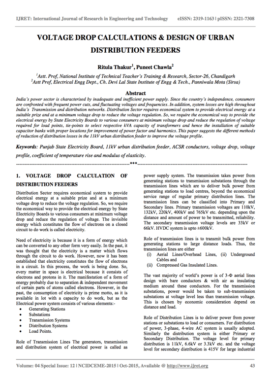 Voltage drop calculations and design of urban distribution feeders – Ritula Thakur, Puneet Chawla