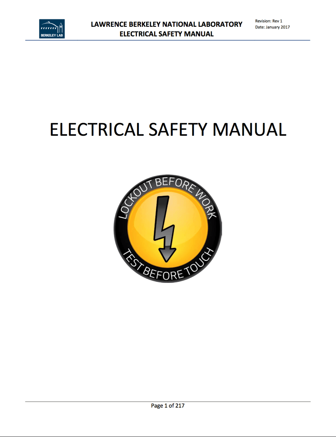 Electrical Safety Manual – Lockout Before Work, Test Before Touch! – LAWRENCE BERKELEY NATIONAL LABORATORY