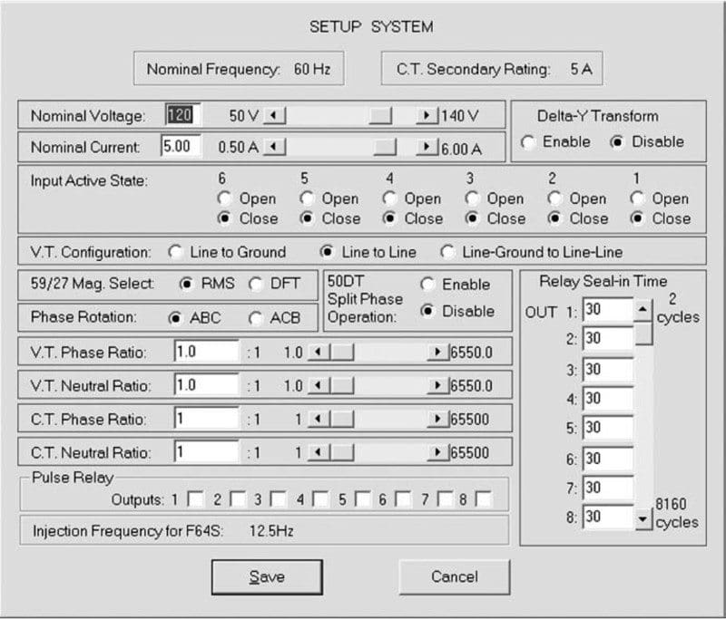 Set-up system configuration of a numerical protection system (Beckwith M-3425)