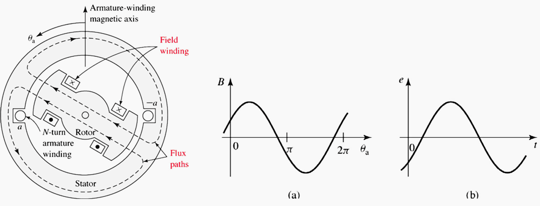 A simple two-pole, single phase synchronous generator, the spatial distribution of the magnetic field relative to the magnetic axis of the armature winding, and the time dependent induced voltage in the armature winding.