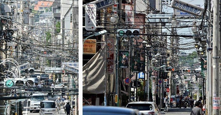 Abundance of overhead electrical cables in Hachioji, Japan