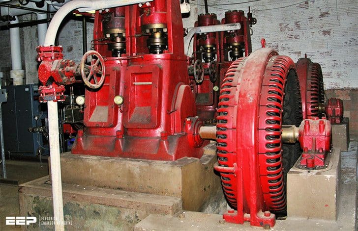 A pair of ancient Carbon Dioxide air conditioning compressors, powered by two antique 150 horsepower open frame synchronous motors