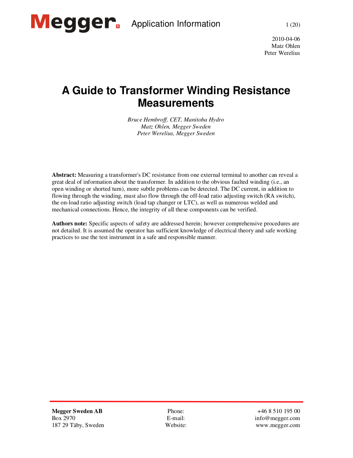 Measurements Of Transformer Winding Resistance For Diagnostic Purposes