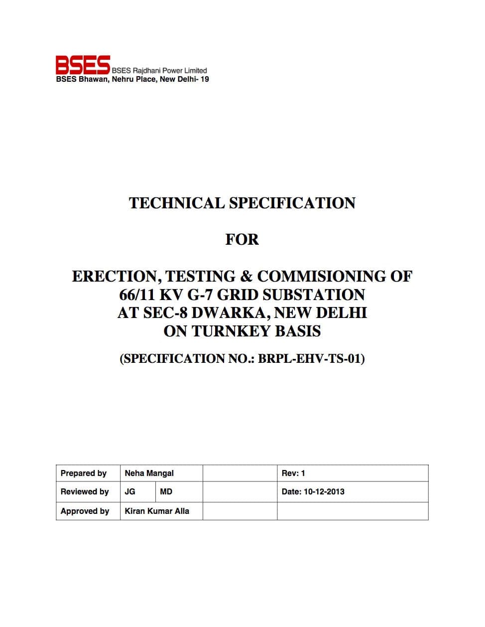 Specification For Erection, Testing and Commissioning Of 66/11 kV Grid Substation