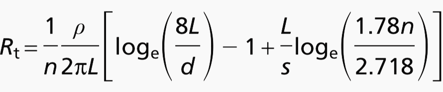 The resistance Rt in ohms (Ω) of n vertically driven rods