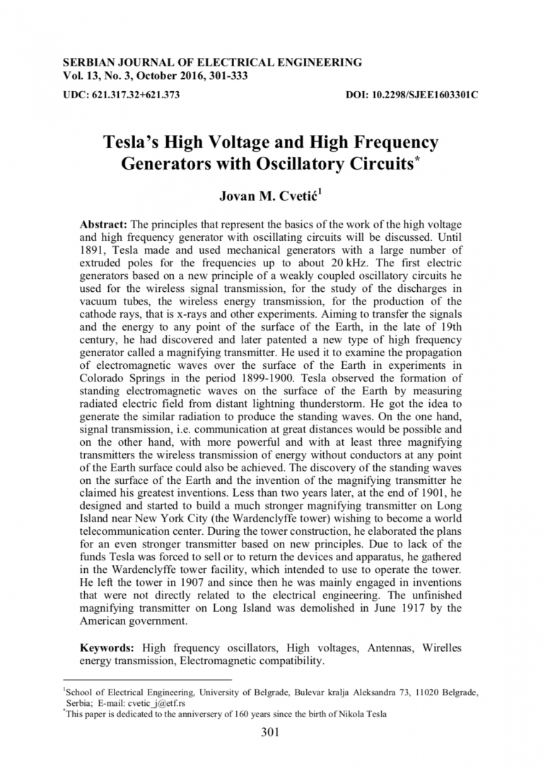 Tesla’s High Voltage and High Frequency Generators with Oscillatory ...